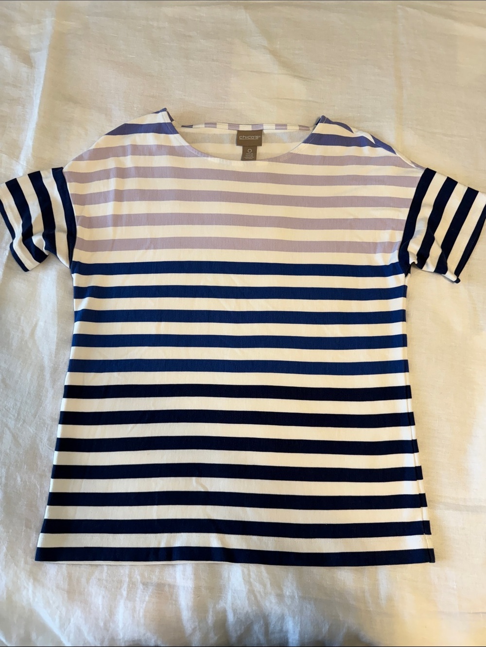 Chico's Blue, purple and White Striped Short Sleeve Top